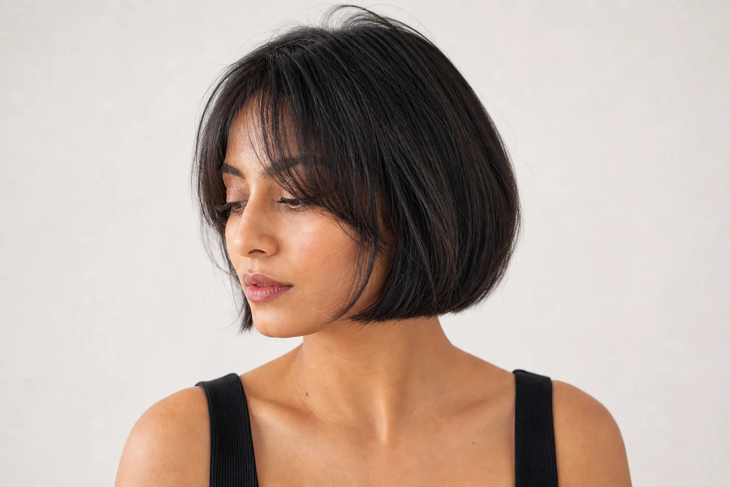 Modern sculpted jaw-length bob with soft curtain bangs and a blunt perimeter on fine hair
