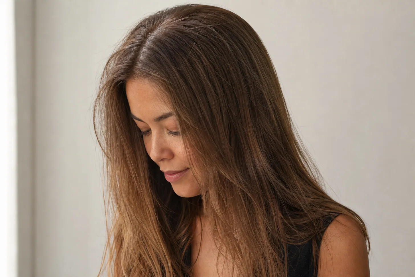 High-density fine hair: full and heavy through the lengths but flat at the roots