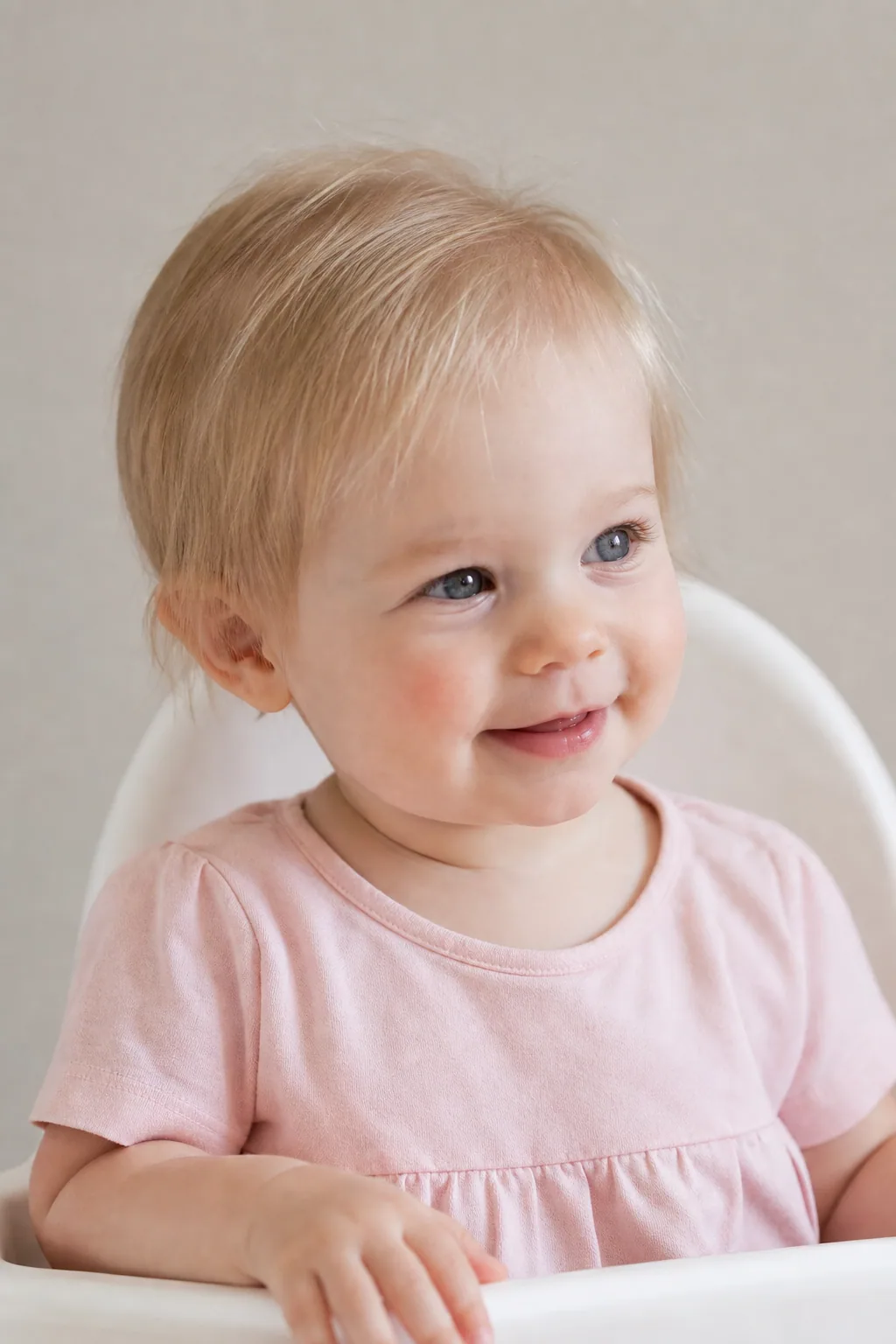 Baby girl with fine, thin blond hair after a light first trim