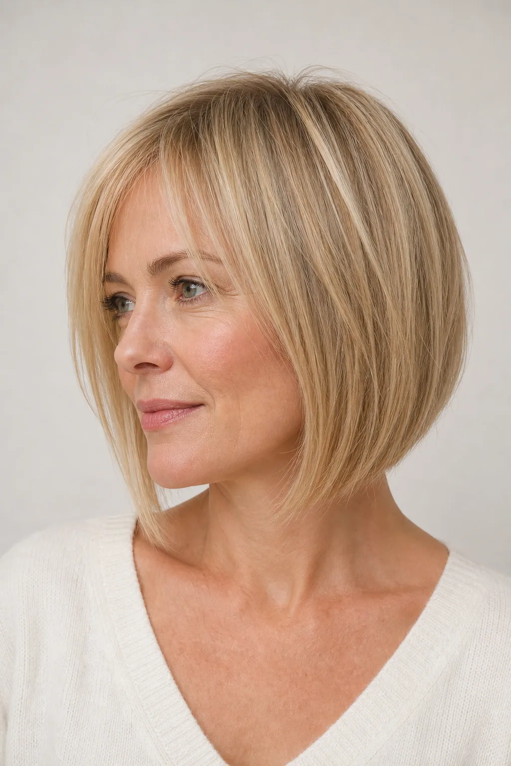 Fine hair in a slightly forward-angled bob, marginally longer at the front than the back, heart-shaped face, three-quarter view