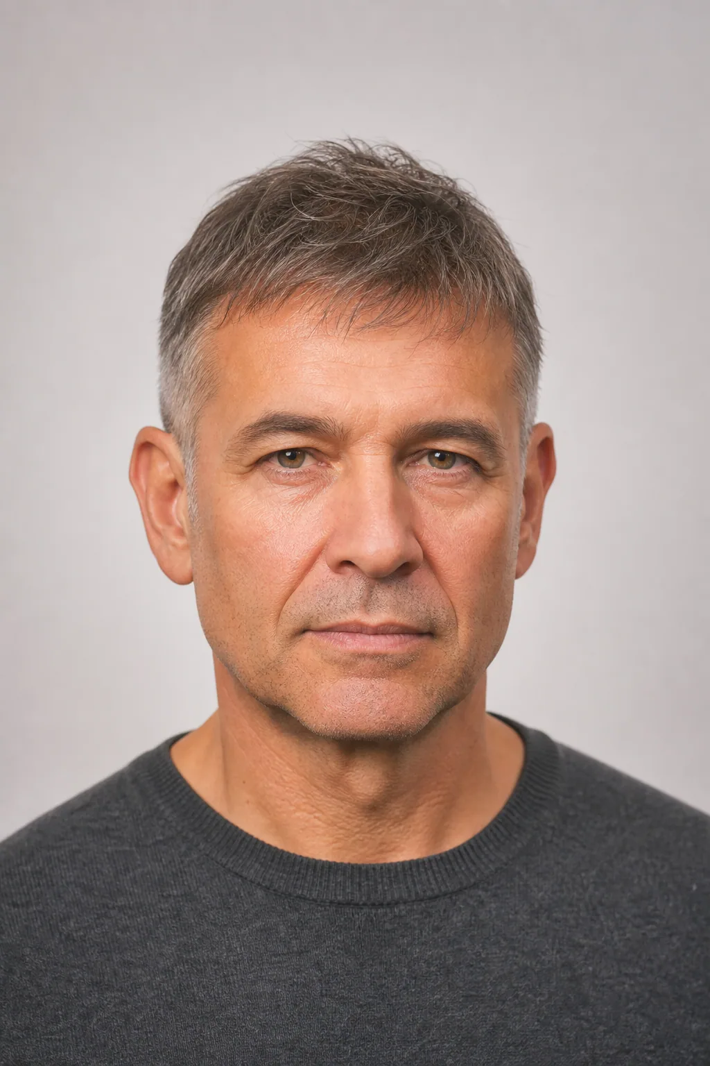 Forward-brushed textured crop covering receding temples on a man in his fifties