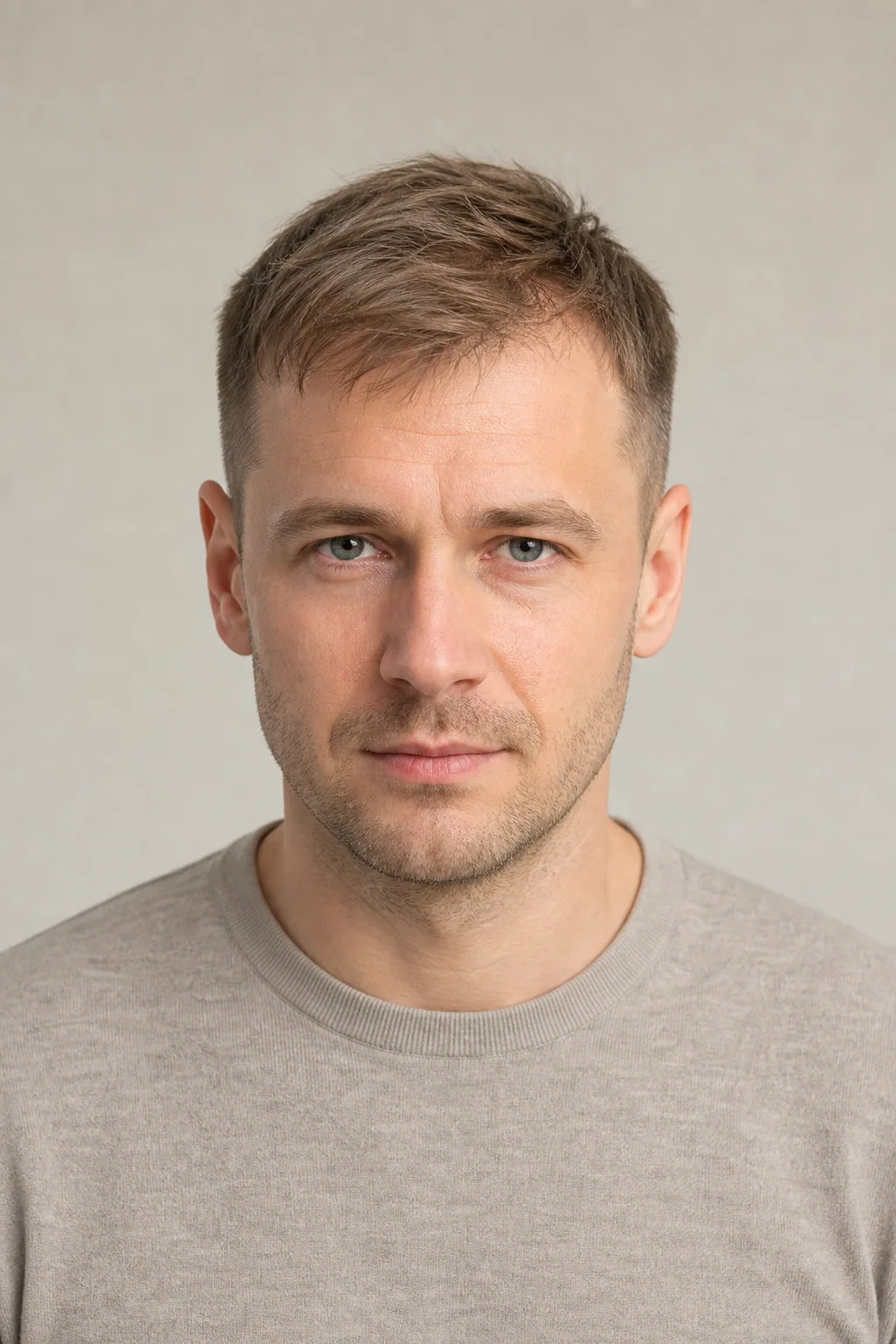 Forward-brushed textured crop covering a receding hairline on thin hair