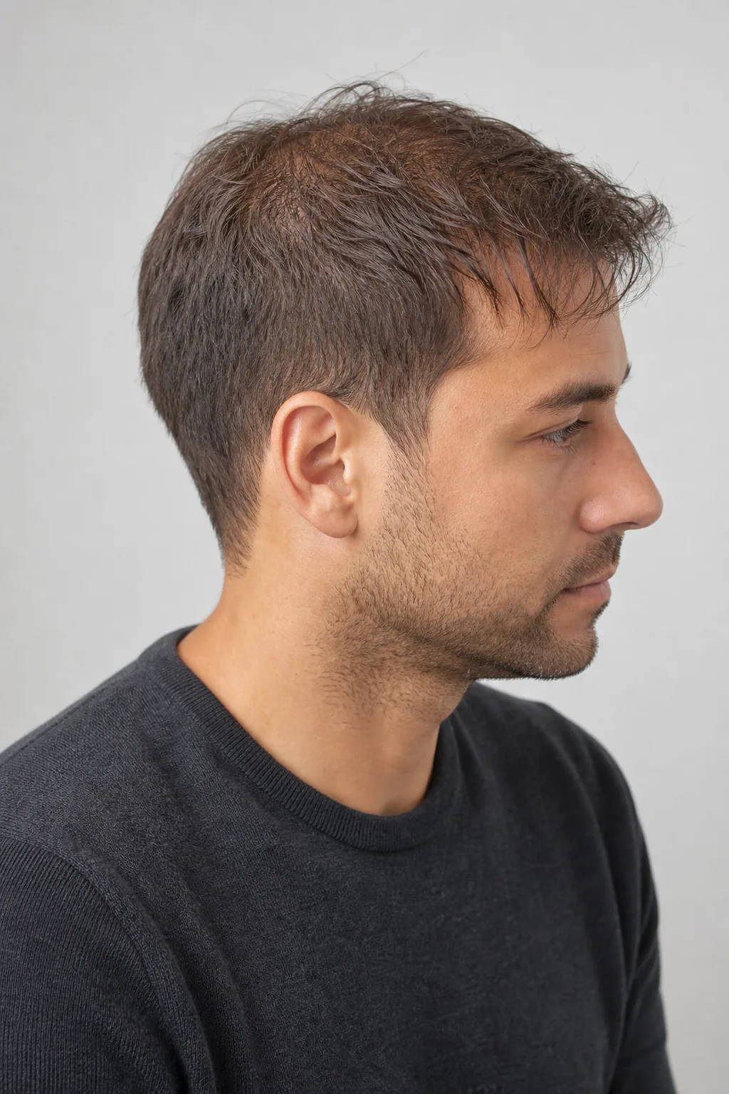 Short textured top pushed forward from the crown on thinning brown hair