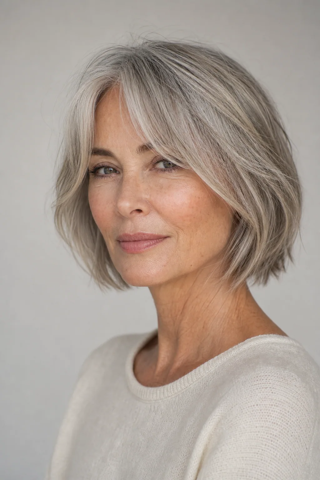 French bob with a grown-out Bardot curtain fringe framing the cheekbones on fine hair