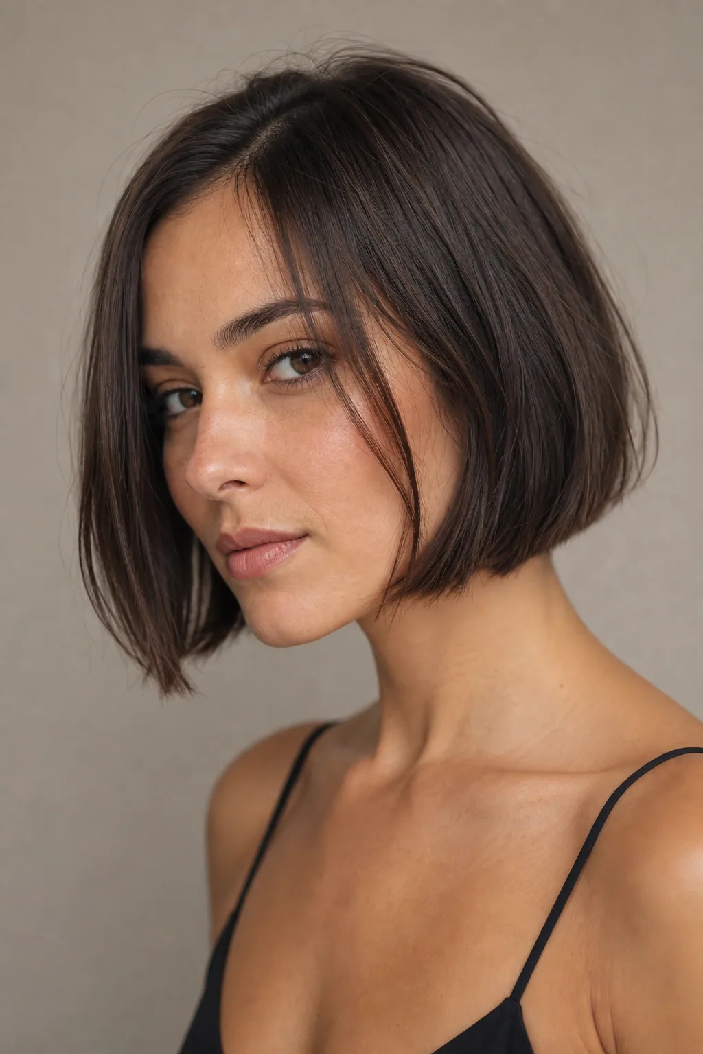 Blunt chin-length French bob on fine straight dark hair with a clean forward-falling line