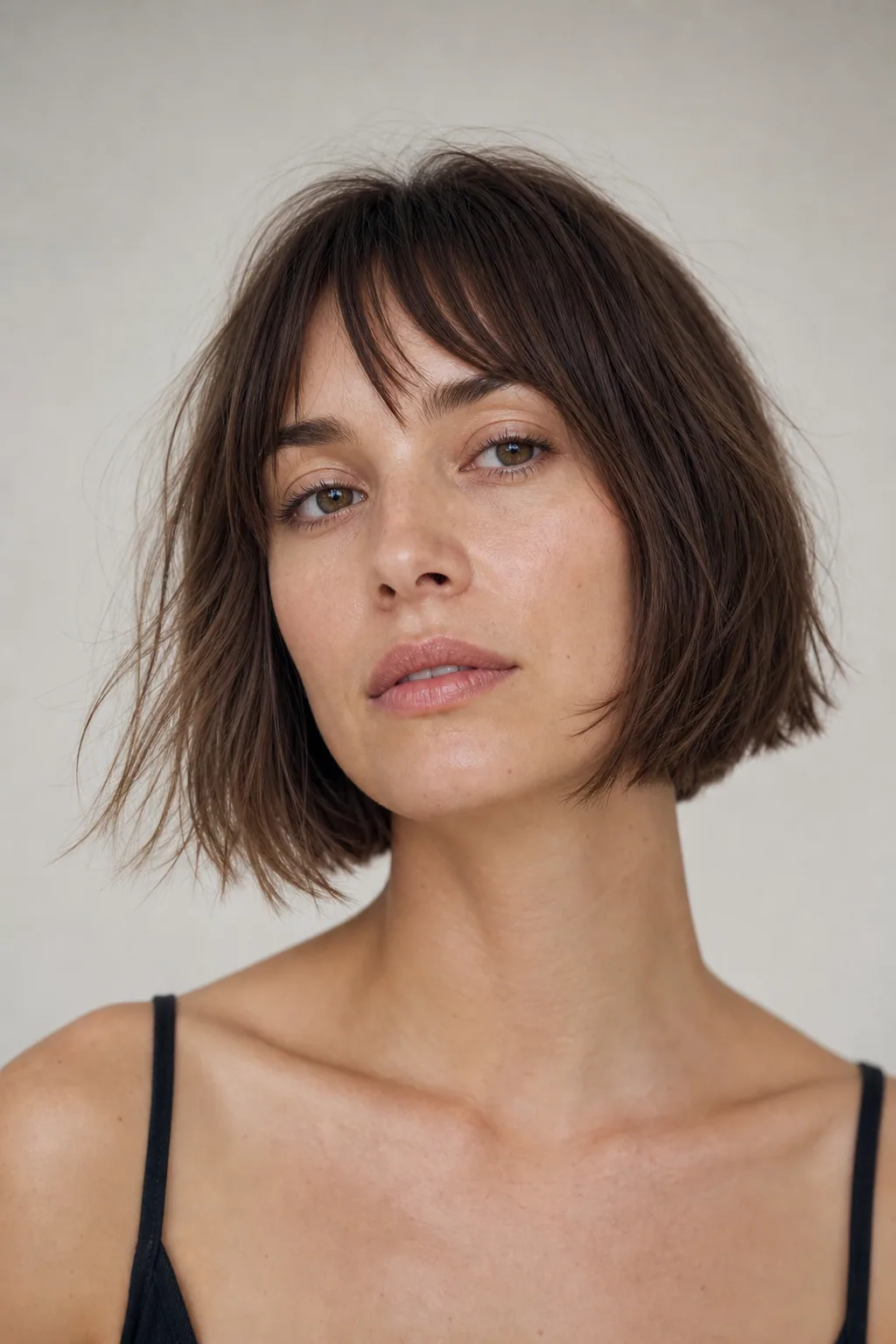Cheekbone-length French bob with piece-y air-dried ends on fine thin hair