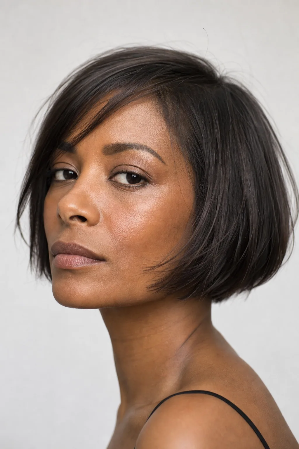 Short cheekbone-length French bob on fine straight hair, a bold above-the-jaw crop