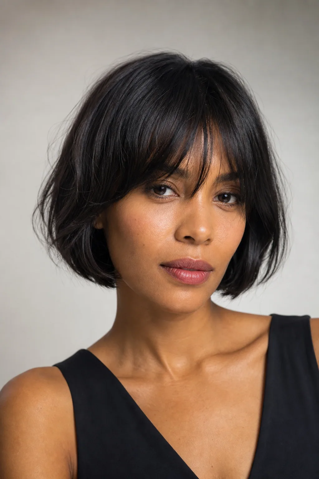 French bob with a full soft fringe framing the face, adding fullness to fine hair