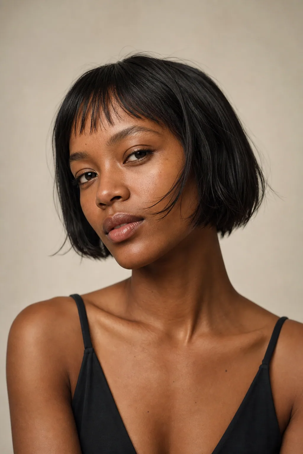 French bob with a short micro baby fringe sitting high above the brows on fine hair