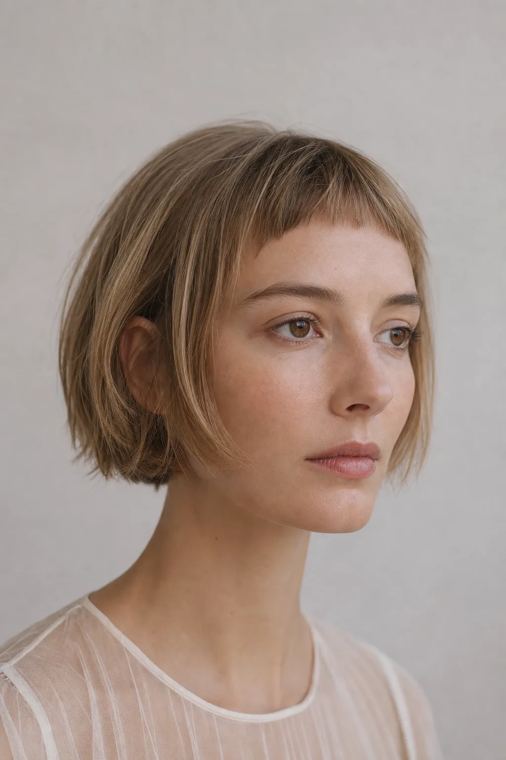Fine hair in a chin-length French bob with a micro fringe on a long face, three-quarter view