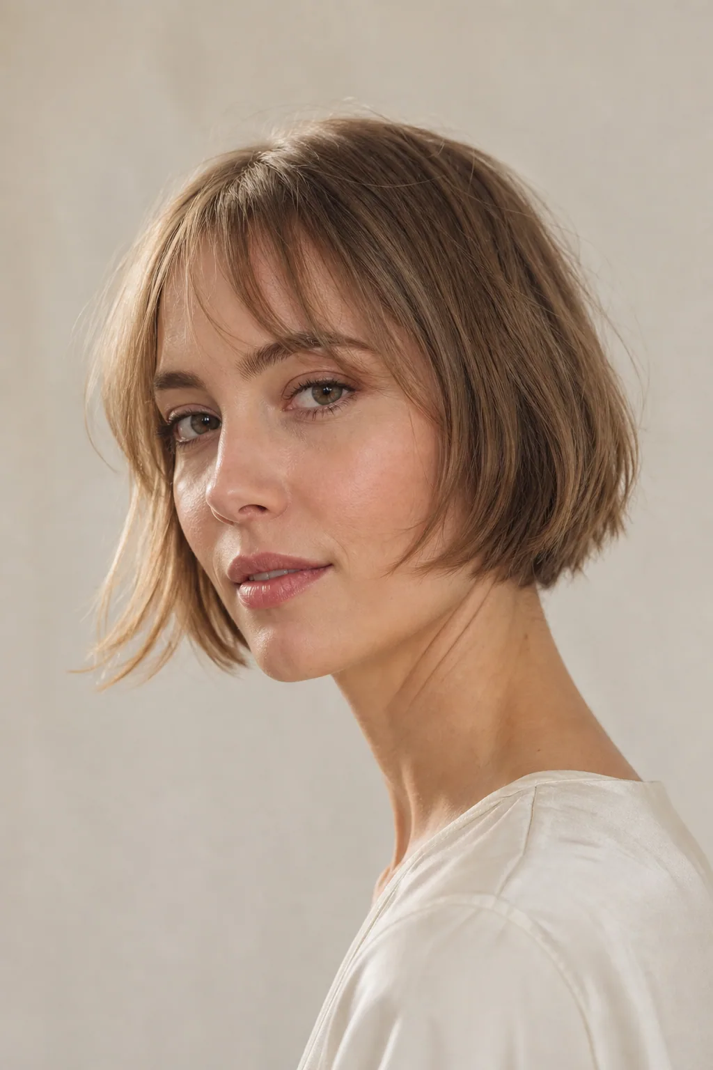 Short jaw-skimming French bob with a soft fringe on fine light-brown hair, woman with an oval face