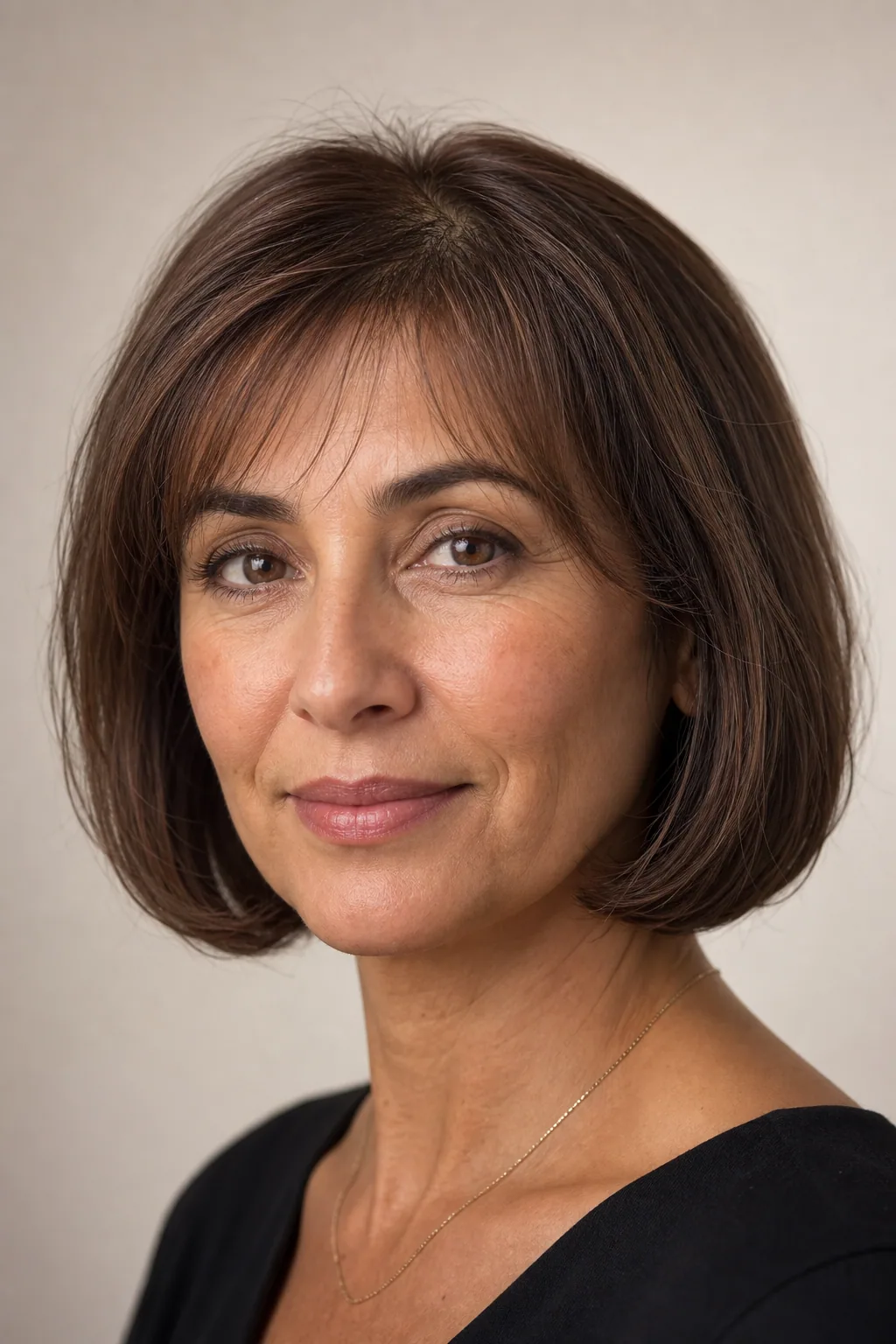 Rounded French bob curving gently under at the jaw, building a soft dome on fine hair