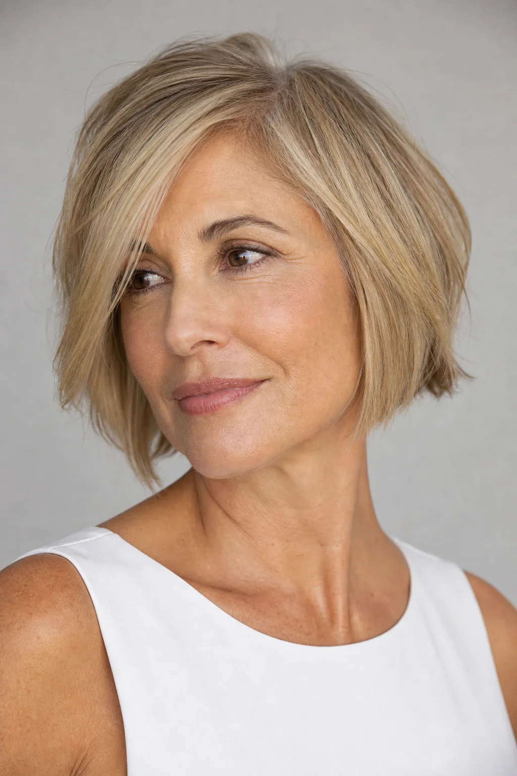 Side-parted French bob without a fringe, sweeping a soft face-framing piece on fine hair