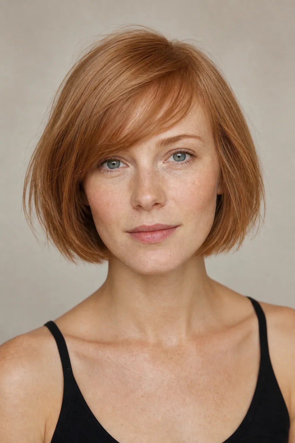 Chin-length French bob on fine hair with a soft side-swept fringe, front view, blunt perimeter