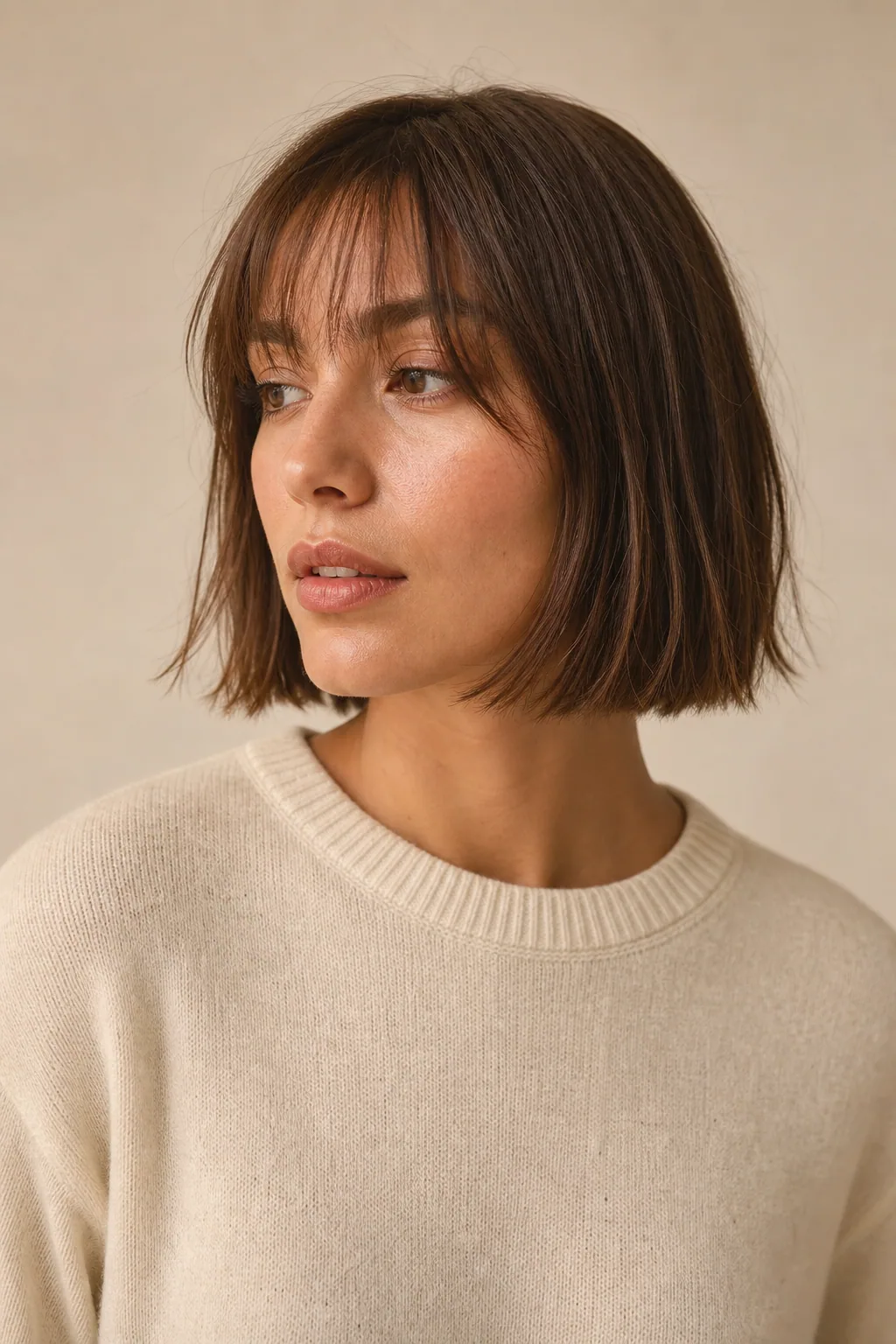 Lip-length French bob with a soft fringe on fine straight chestnut hair