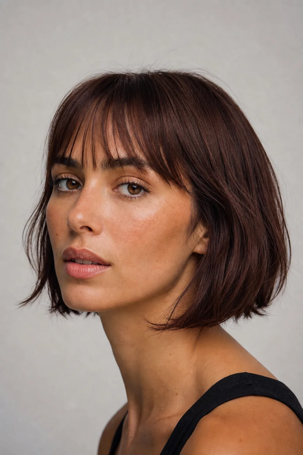 Fine hair in a French bob just below the jaw with a soft fringe, heart-shaped face, three-quarter view
