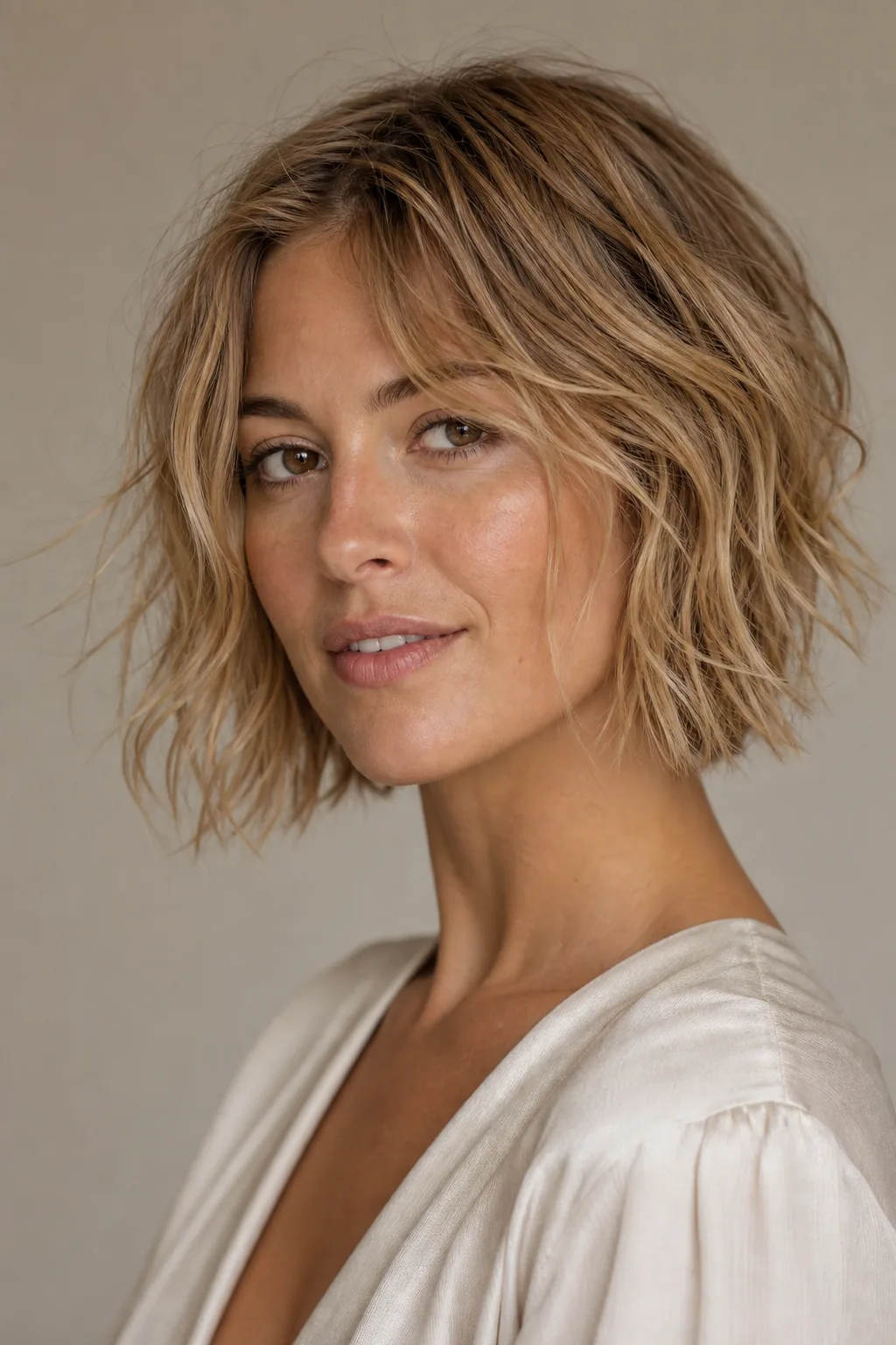 Tousled wavy French bob with loose undone texture faking fullness on fine hair