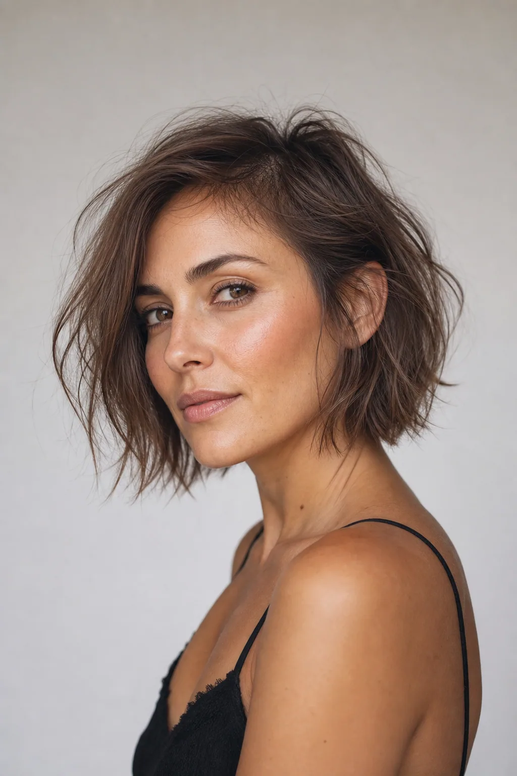 Undone messy French bob with roughed-up root texture hiding flatness on fine hair