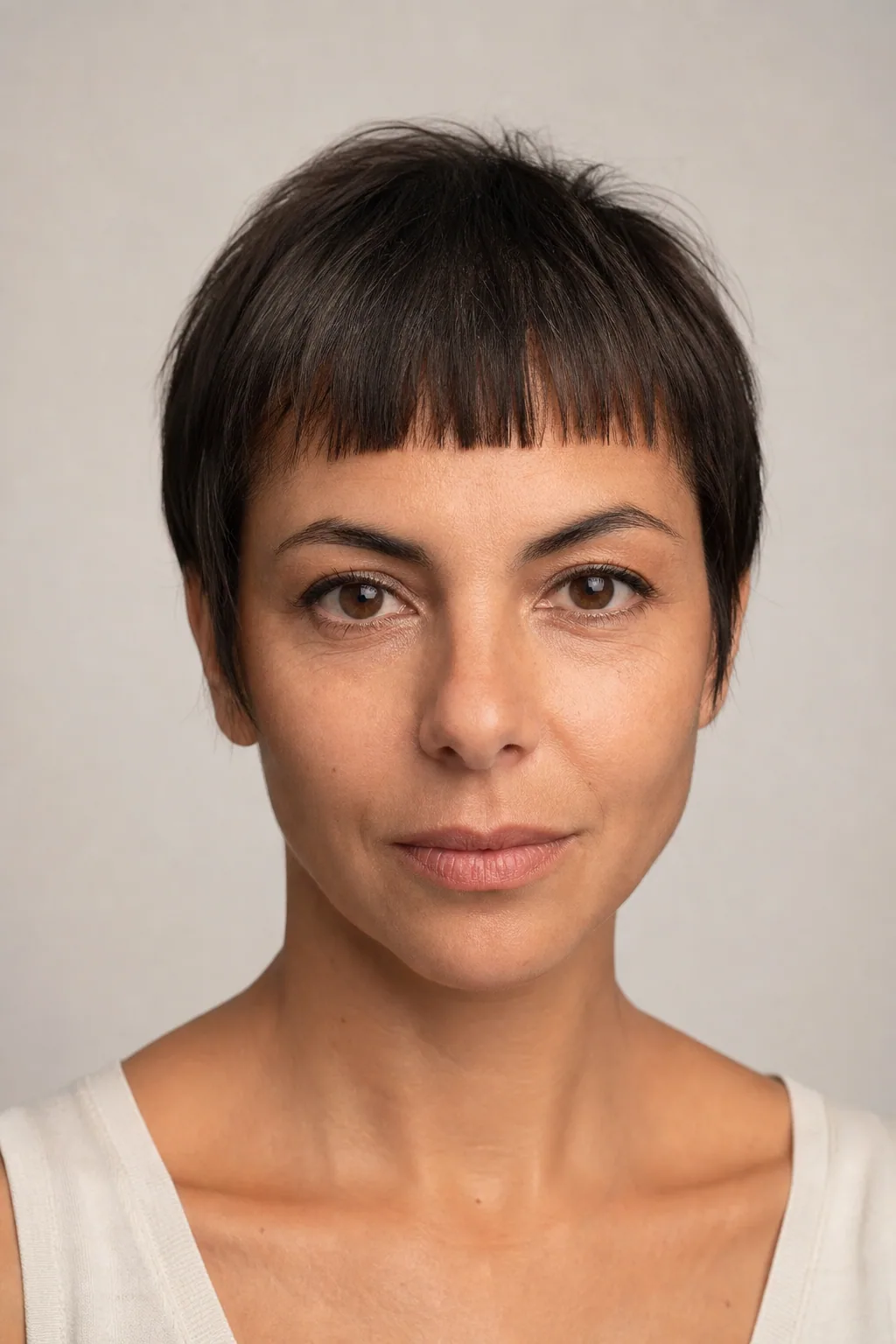 French crop on fine hair with short blunt fringe cut straight across the forehead, front view