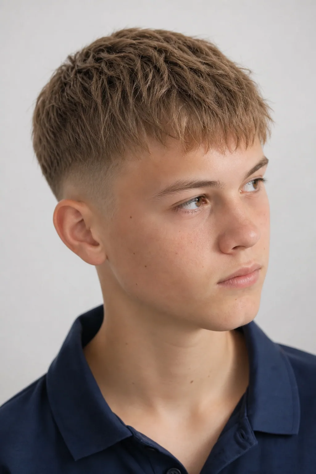 Teenage boy with a textured French crop and low fade on thin hair