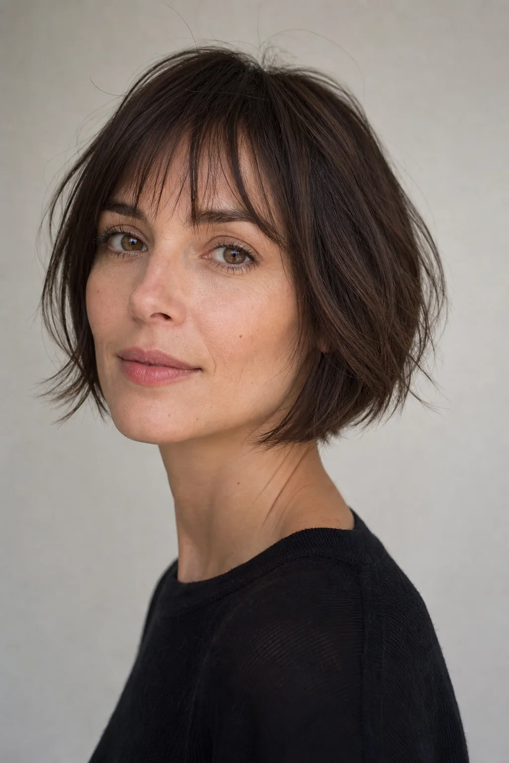 French layered bob with piece-y texture and a sheer micro-fringe on fine hair