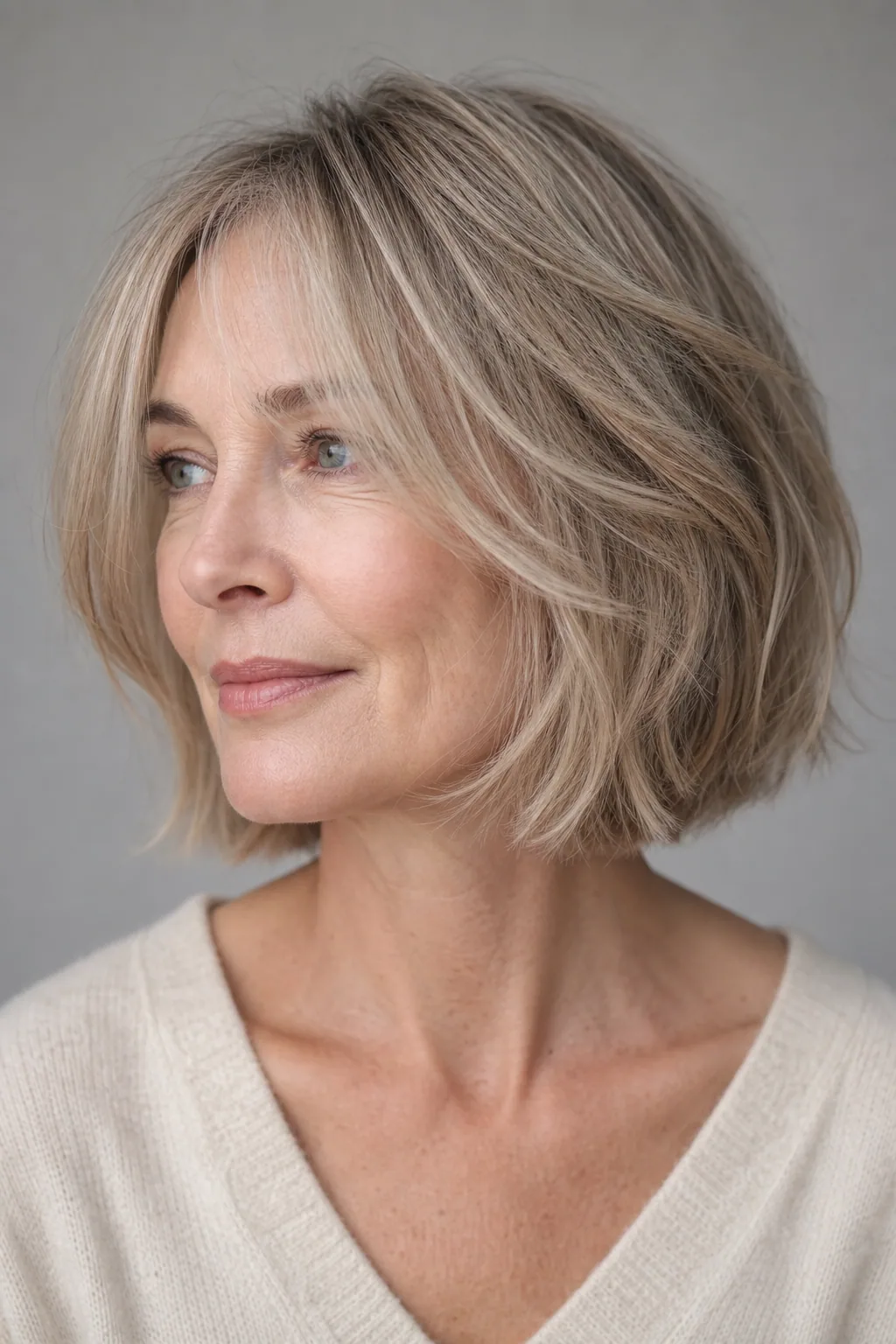 Grown-out French lob grazing the jaw with softened face-framing pieces on fine hair