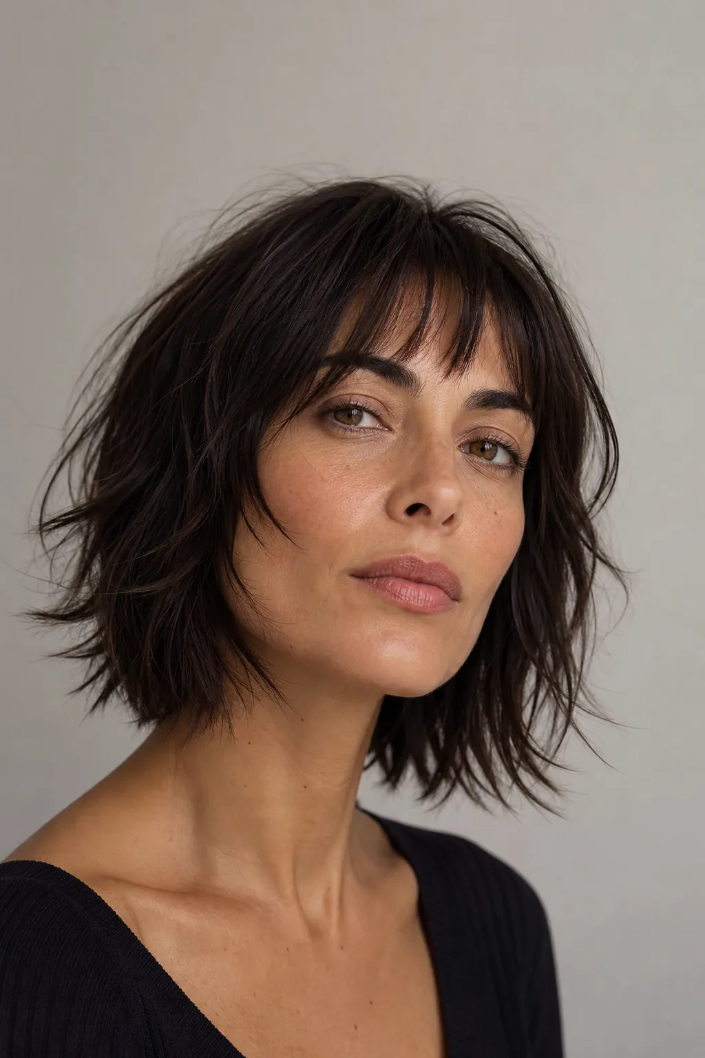Jaw-length French shag with piece-y texture and a sheer micro-fringe on fine hair