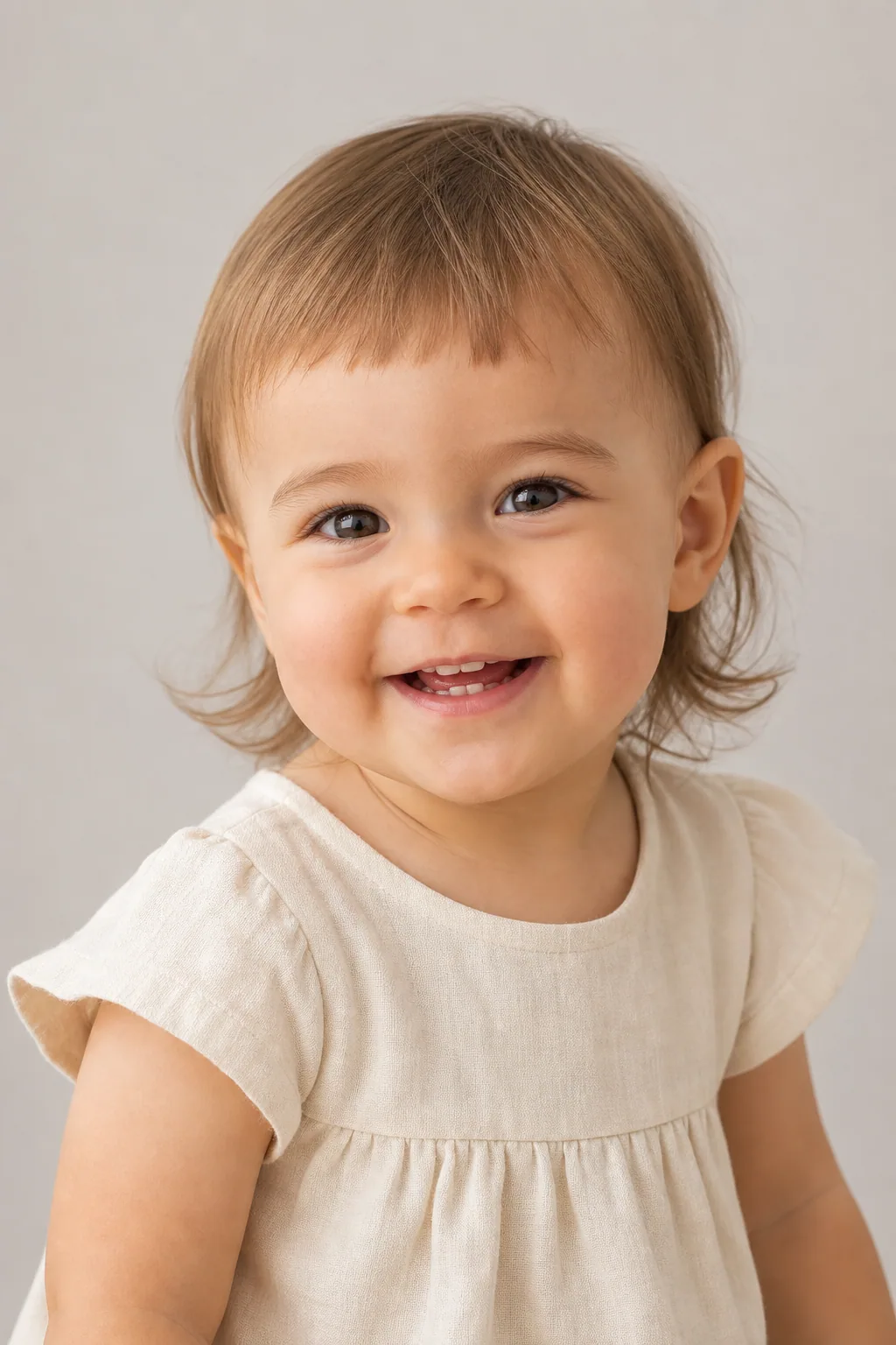 Baby girl with a short soft fringe trimmed on fine light-brown hair