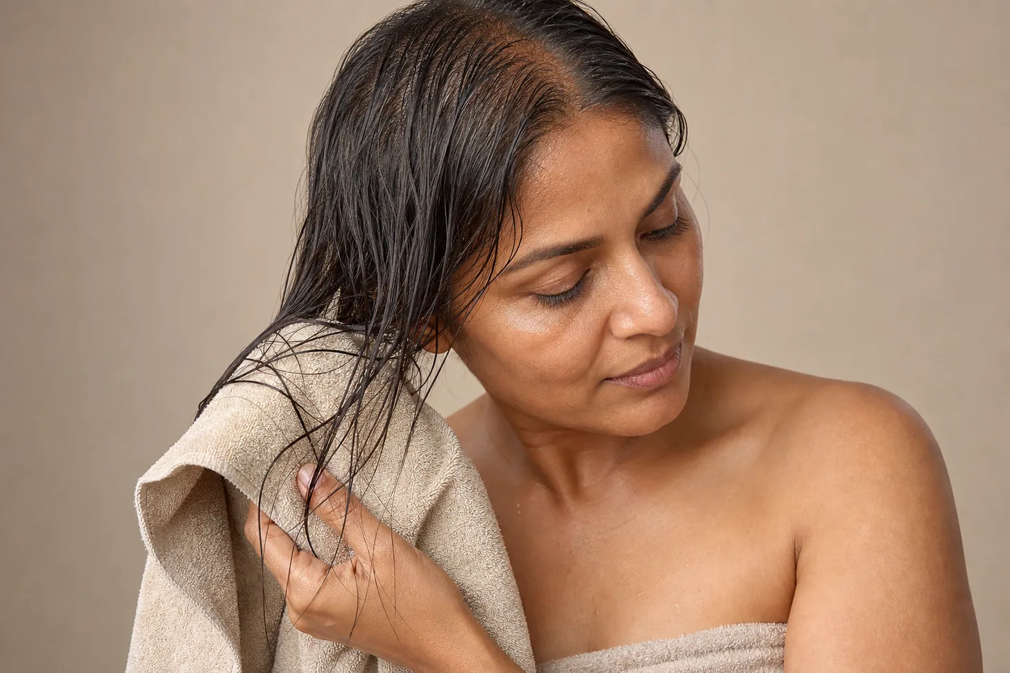 Blotting fine wet hair gently with a soft microfiber towel to prevent frizz
