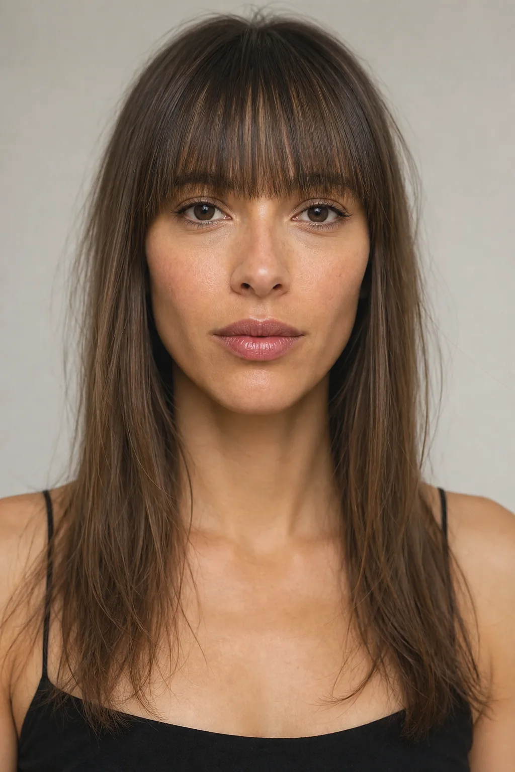Fine hair with a full blunt fringe sitting level at the brow on a long face, front view