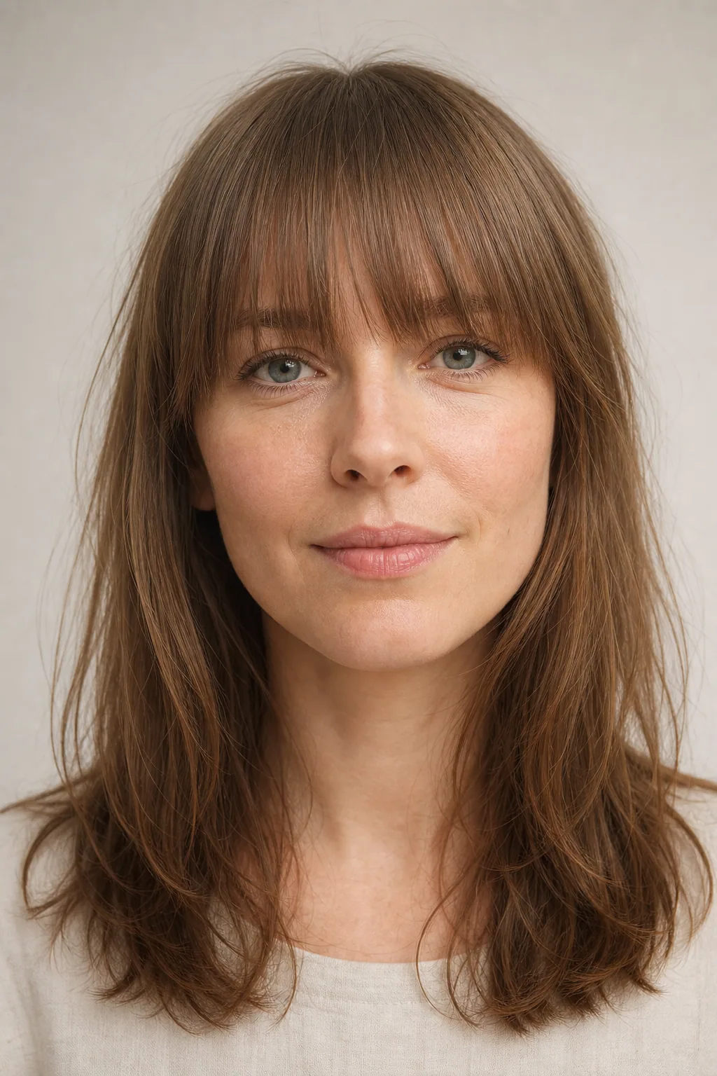 Fine hair with a full soft fringe sitting at the brow on a heart-shaped face, front view