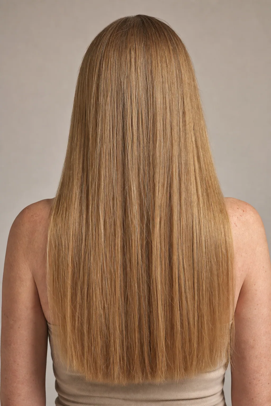 Very long fine straight hair with subtle internal layering, worn straight, back view showing an unbroken blunt hemline