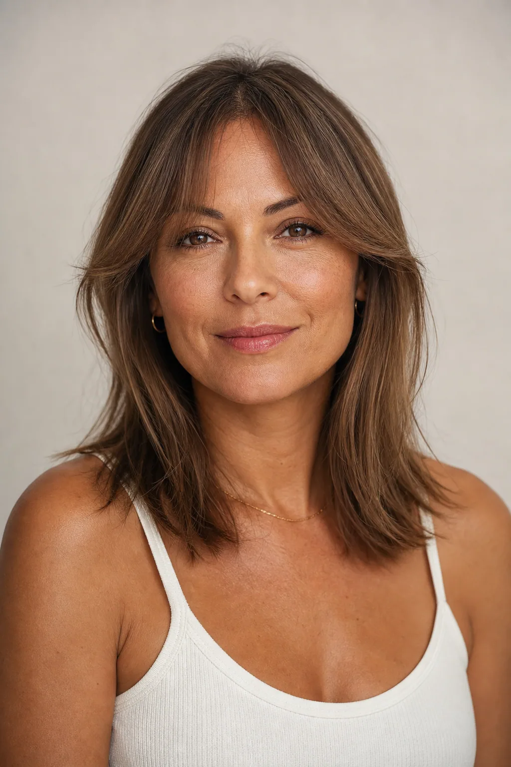 Fine hair at collarbone length with ghost layers and soft curtain bangs, centre-parted, front view