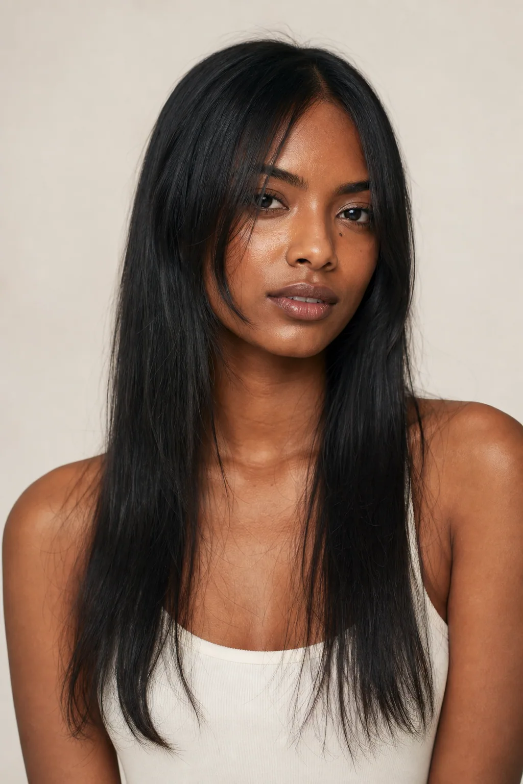 Long fine hair with ghost layers and soft curtain-style front pieces at the cheekbones, front view