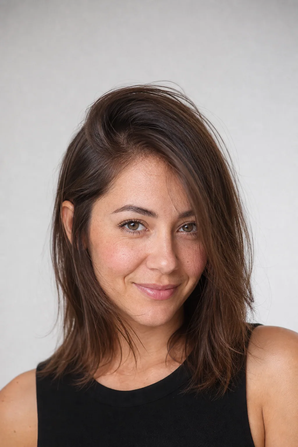 Medium-length fine hair with ghost layers and a deep side part, volume at the crown, front view