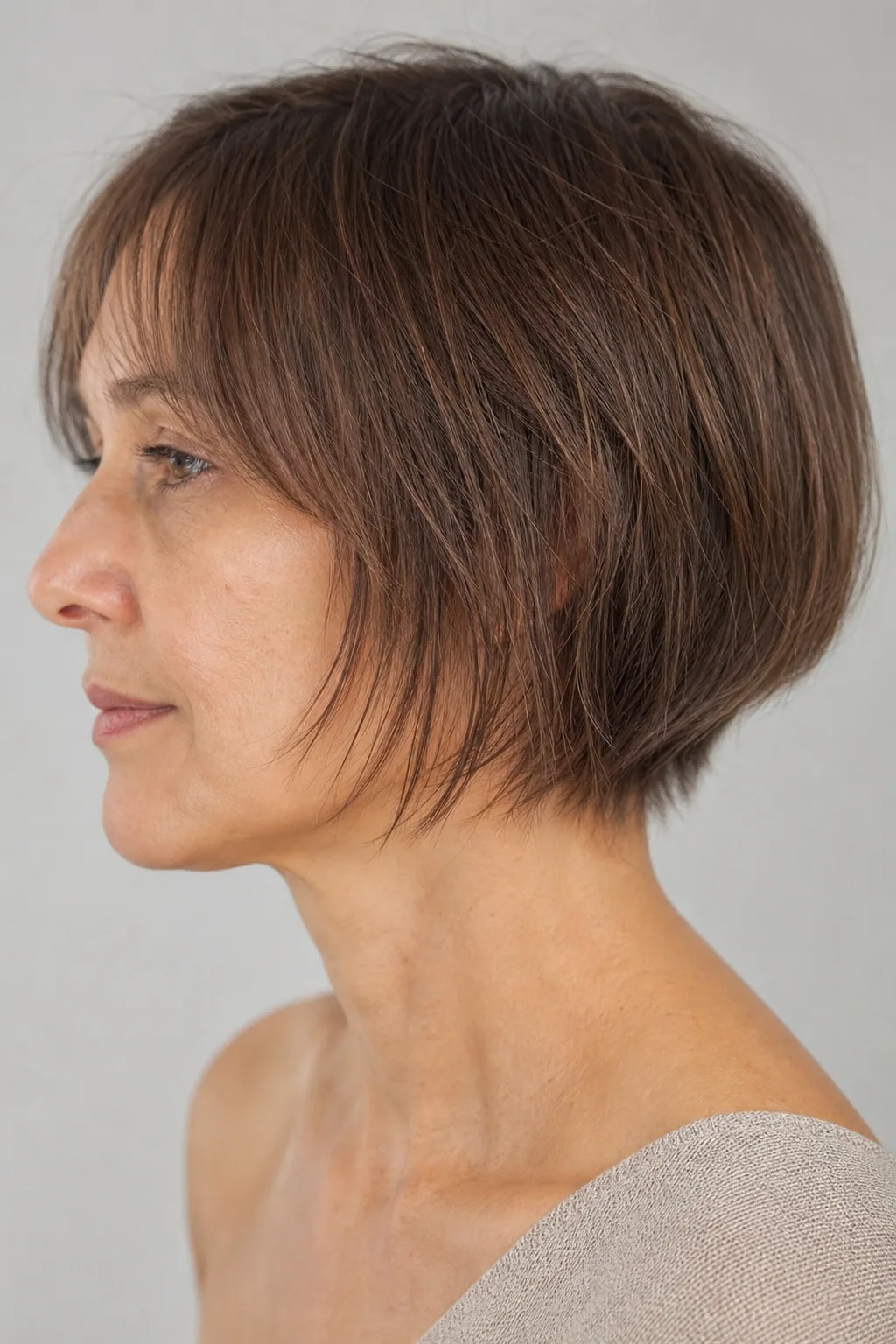 Short fine hair above the jaw where internal layering has surfaced and reads as ordinary thin ends, side view