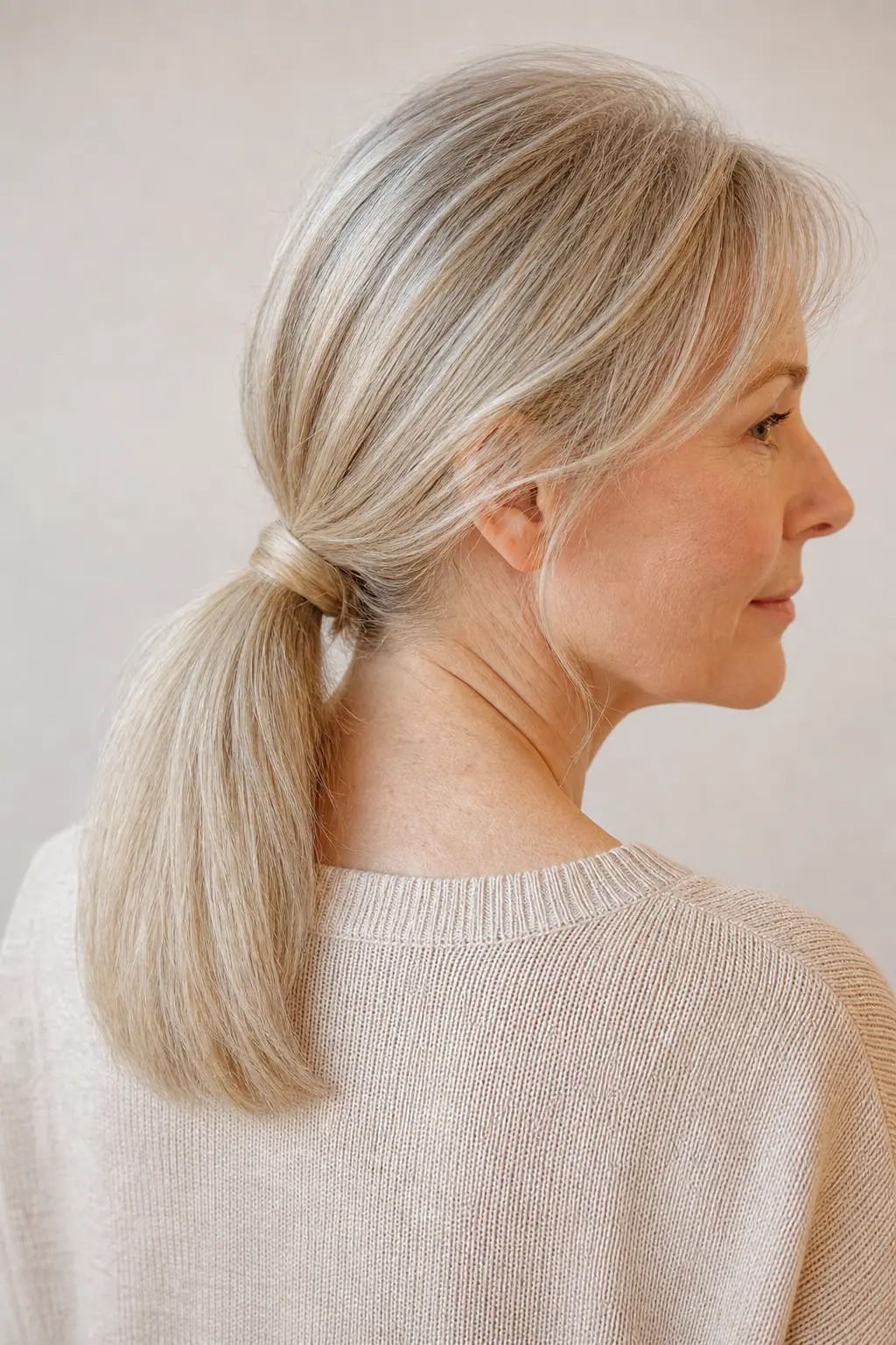 Fine hair just below the shoulders with ghost layers worn in a low ponytail, showing the ponytail still reads full