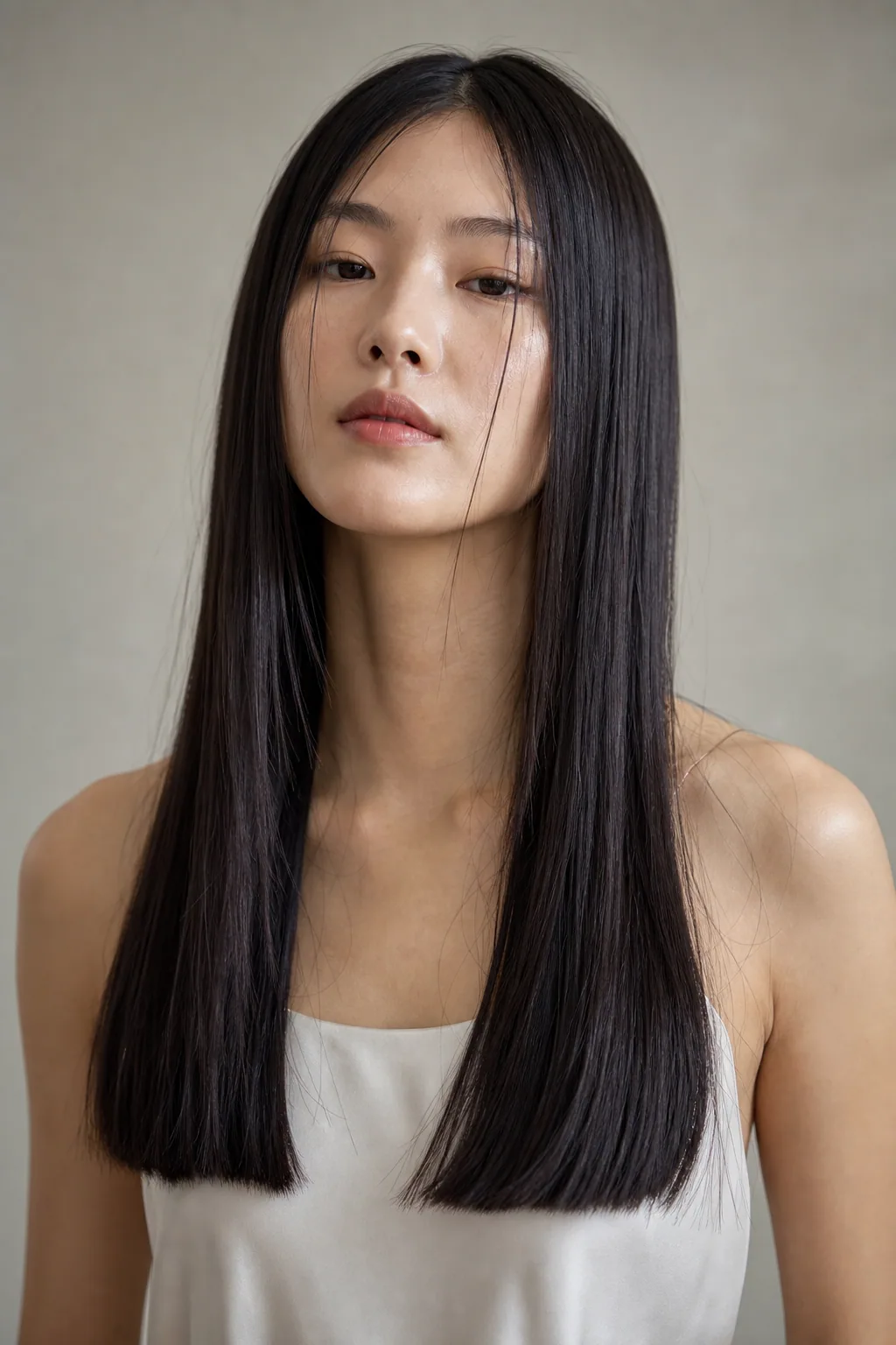 Glossy straight long hair with blunt full ends and a sleek shine on fine hair