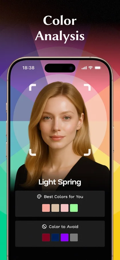 Glowify color analysis screen labeling a woman with light strawberry blonde hair as Light Spring with best colors and colors to avoid