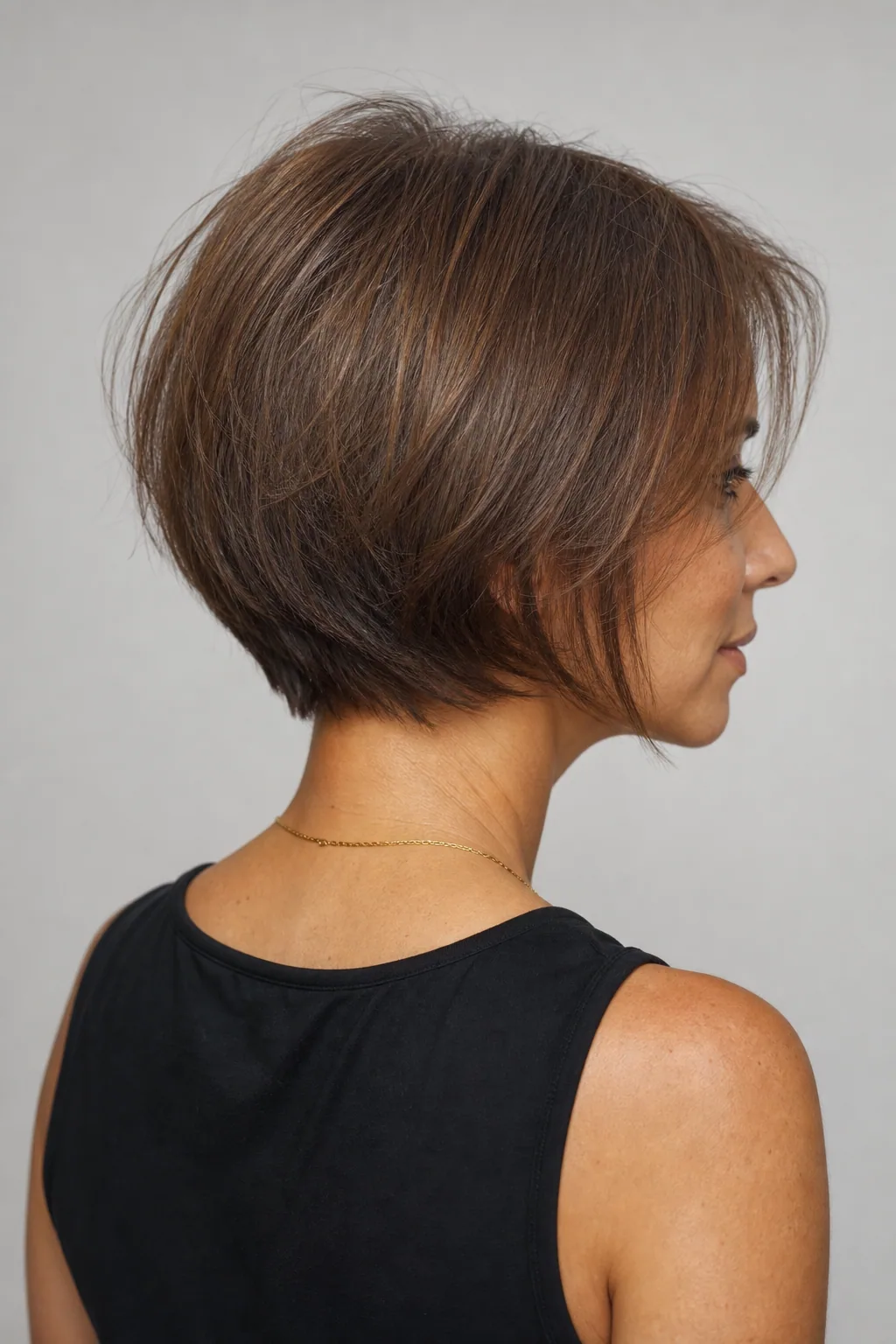 Graduated bob with a stacked lifted nape and short layers building crown height on fine straight hair