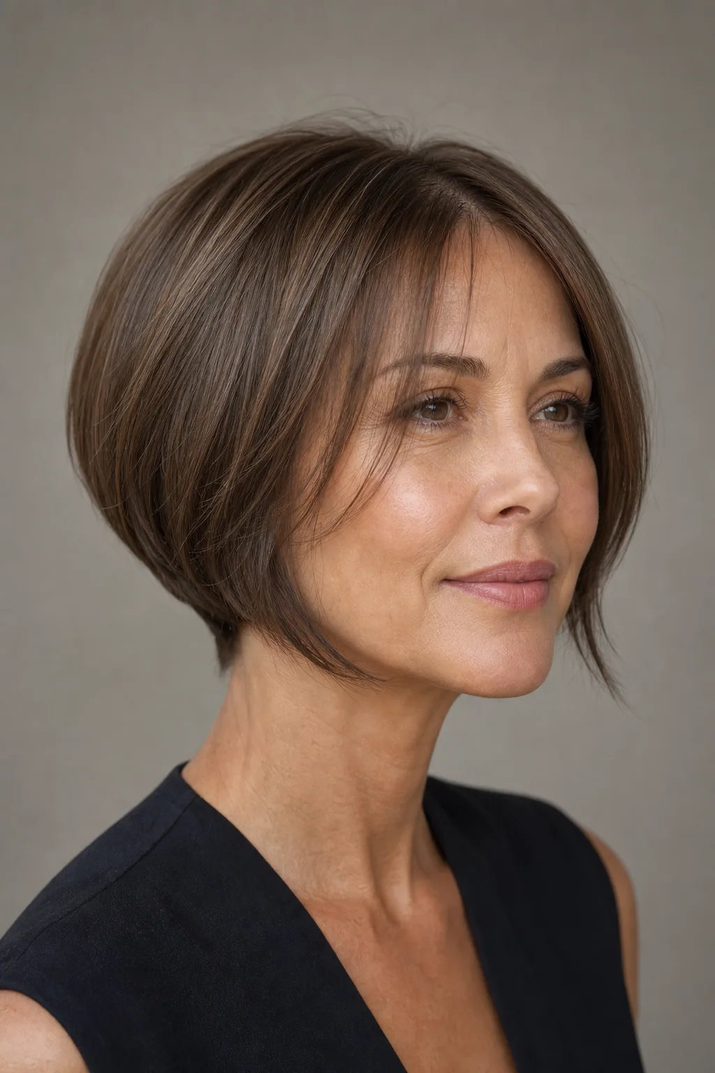 Graduated bob with a stacked lifted nape and rounded back on fine straight brown hair, woman with an oval face
