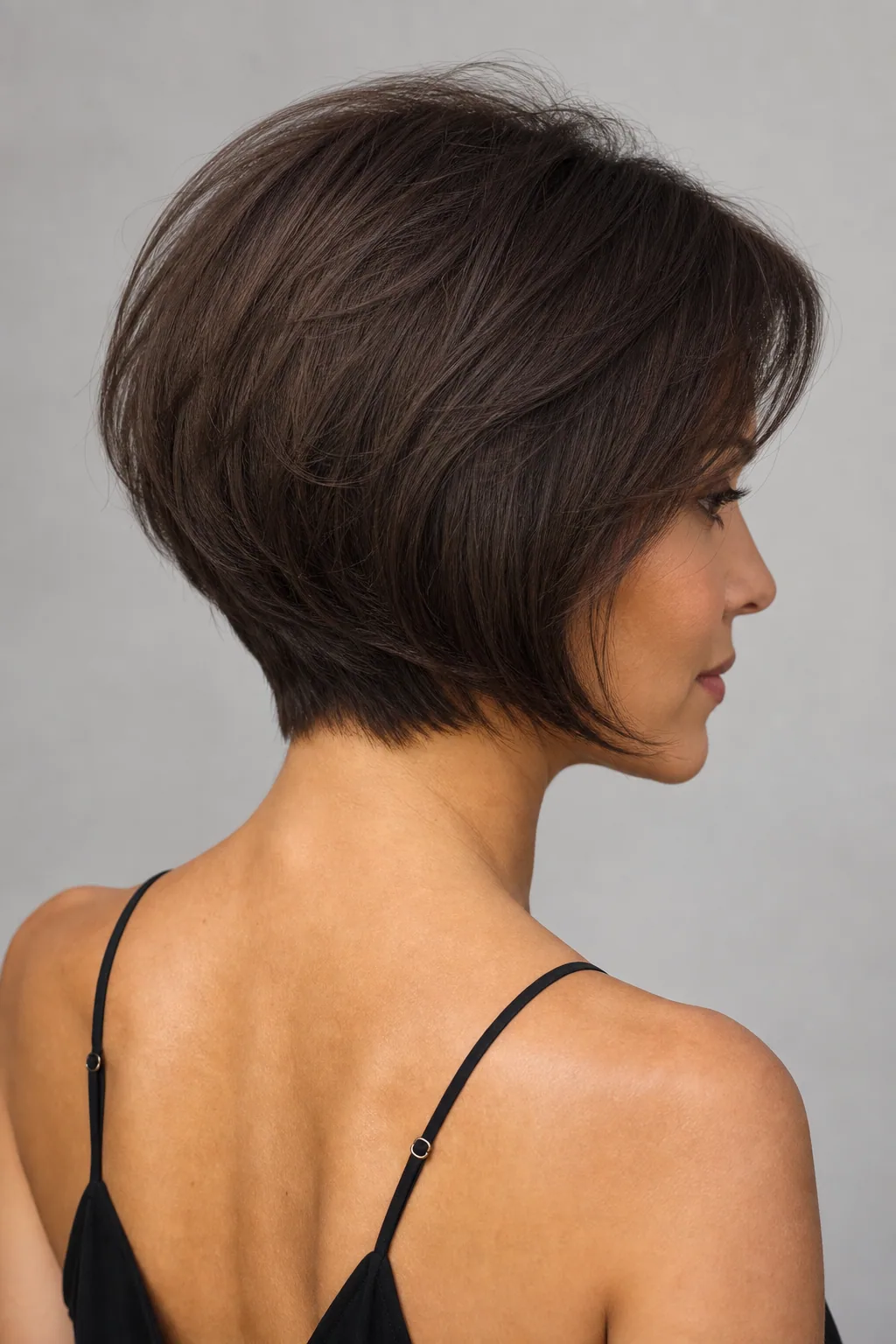 Graduated bob with stacked back and a side-swept fringe on fine hair, three-quarter rear view