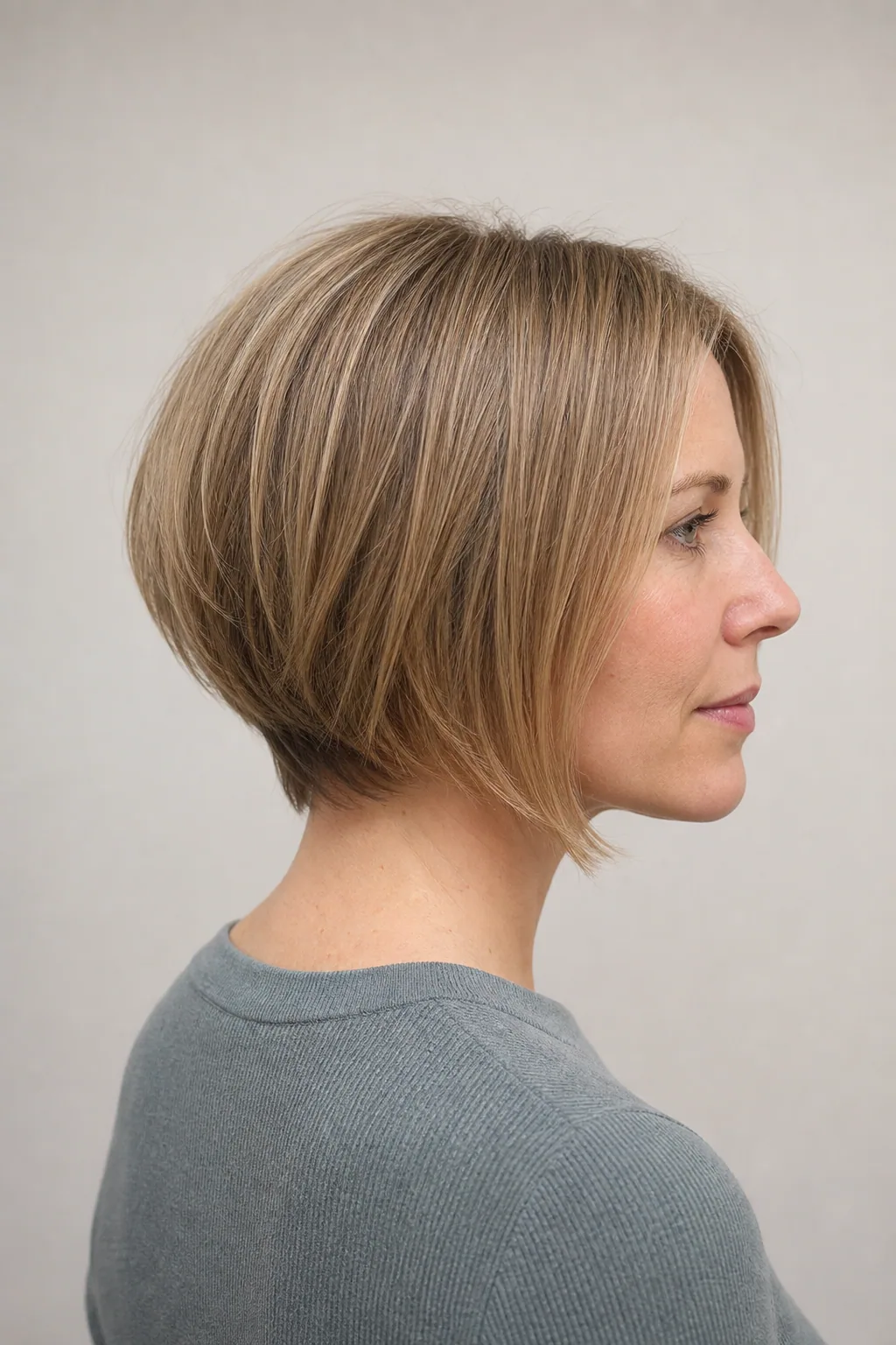 Graduated bob with a stacked back on fine straight dark-blond hair