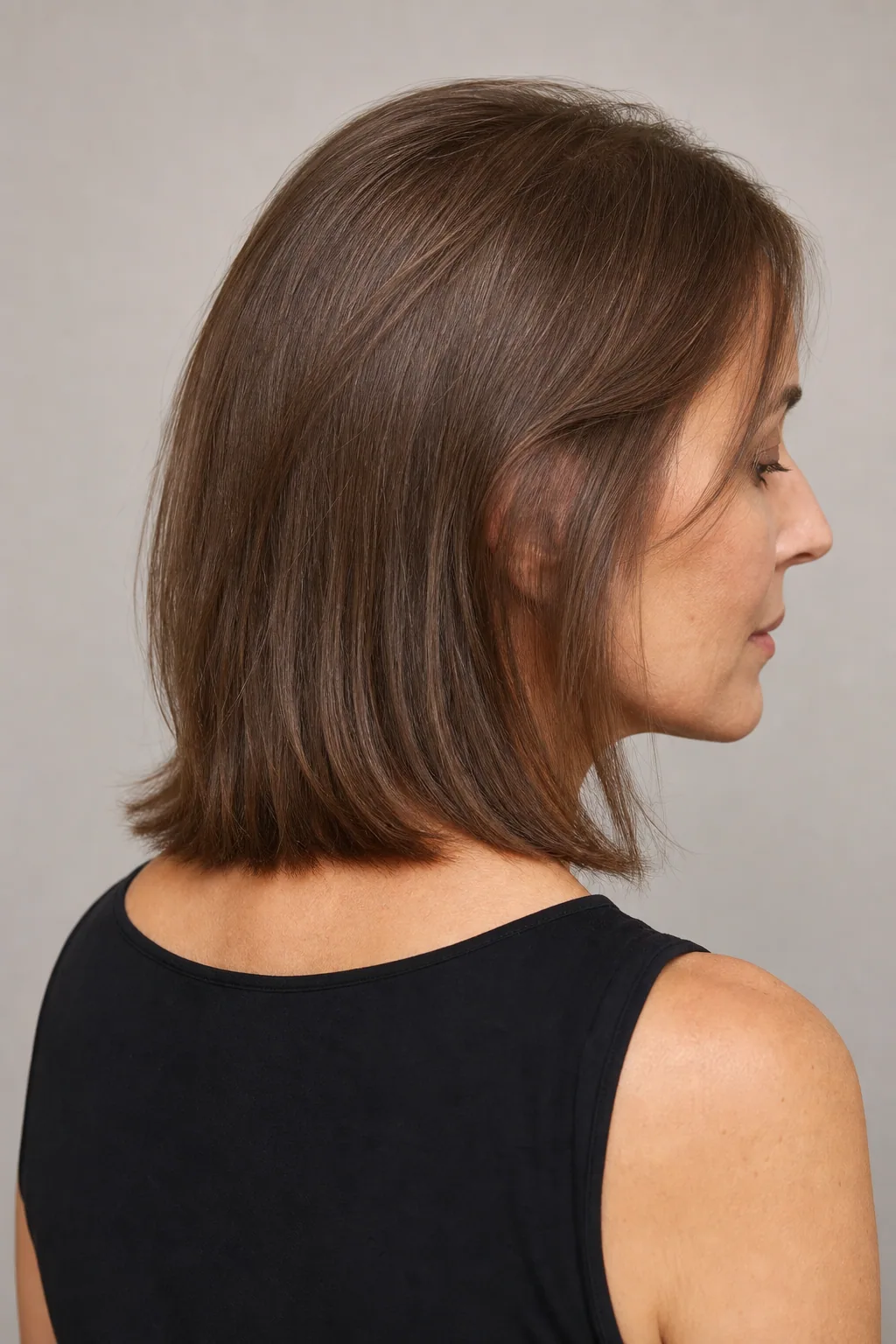 Fine hair in a graduated lob with visible width through the sides and a flat crown, long face, back three-quarter view