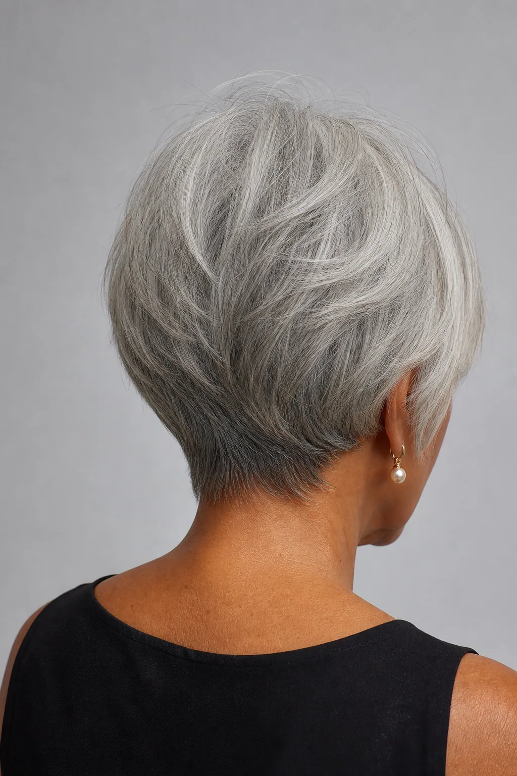 Back view of a graduated stacked bob building crown height on fine thin grey hair over 60