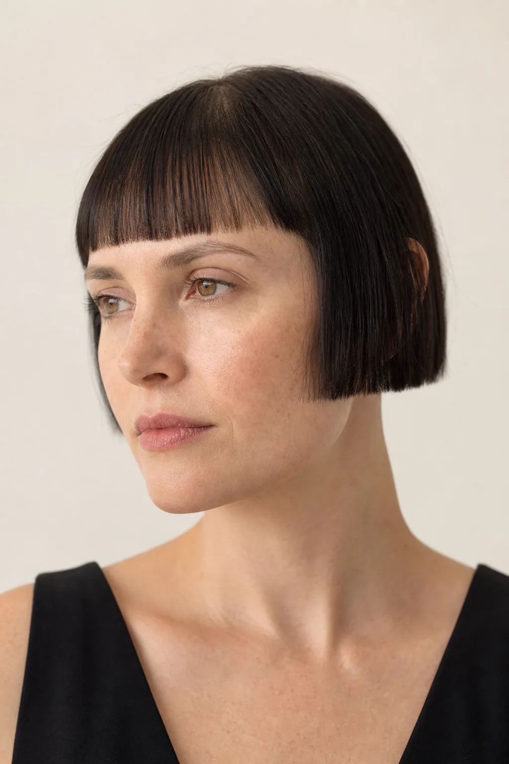 Very short blunt cut with strong straight fringe and squared sides, fine straight hair, graphic silhouette