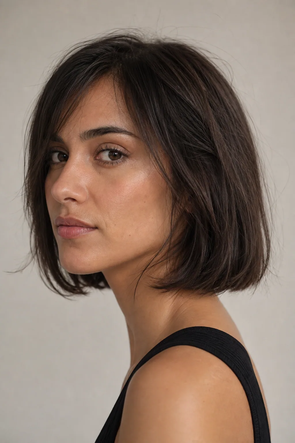 Fine hair growing out from a bob to a lob, internal layers keeping shape through the awkward stage, three-quarter view