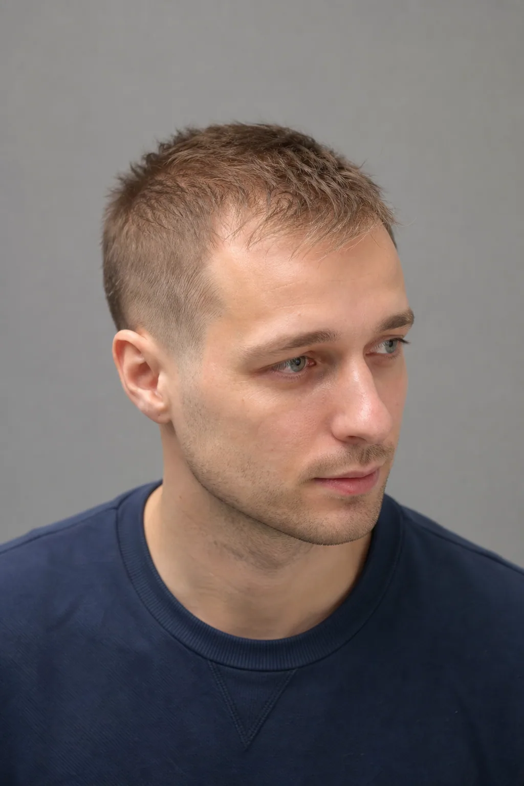 Buzz cut grown out into a short textured crop on thinning hair