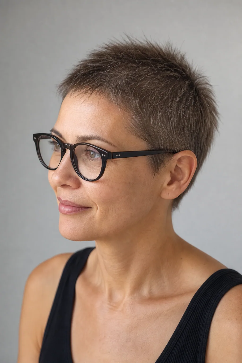 Grown-out buzz at around an inch, fine hair standing softly, woman with glasses, daylight