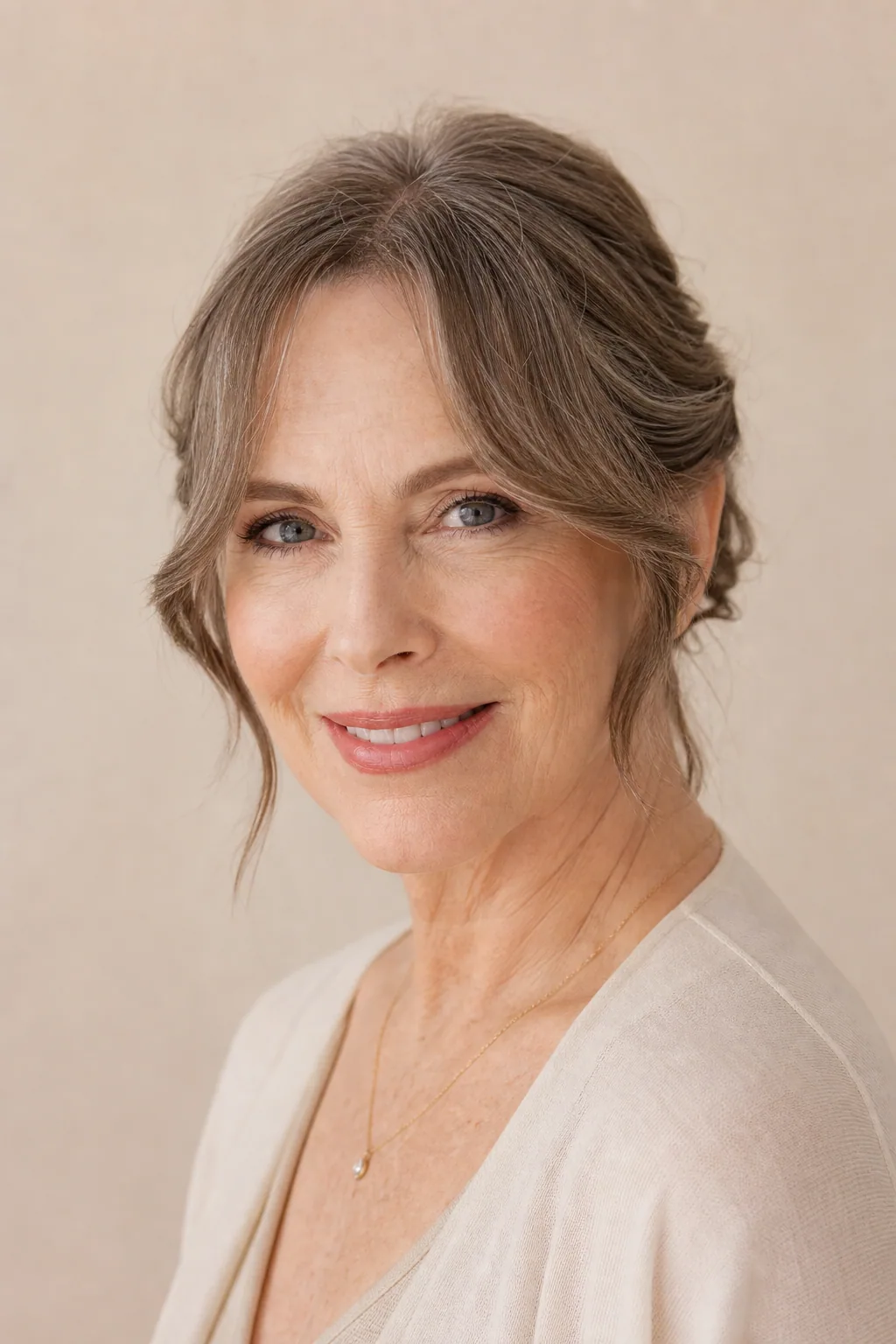 Grown-out curtain bangs pinned half-up off the face on fine hair